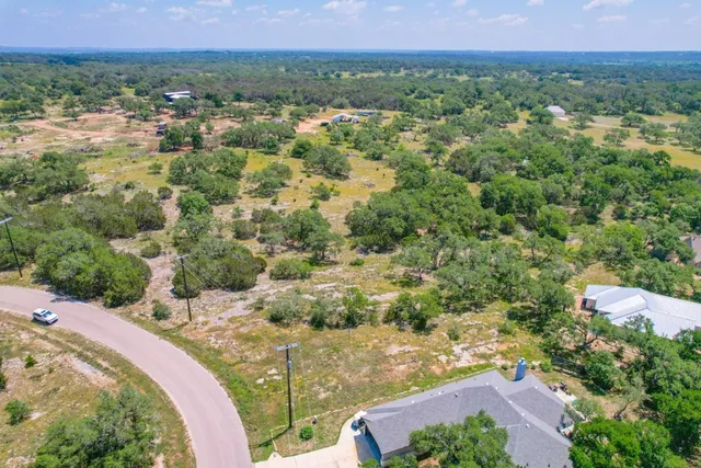an aerial view of residential houses with outdoor space and trees