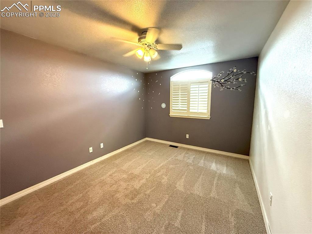 7313 Owings Point Peyton, CO 80831 - Photo 30 of 47 Carpeted empty room with a textured ceiling, ceiling fan, and a textured wall