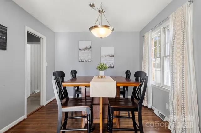 a view of a dining room with furniture and window