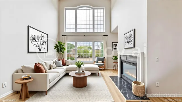 a living room with furniture a fireplace and a large window