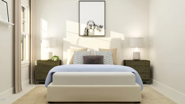 a bedroom with a bed and a painting on the wall