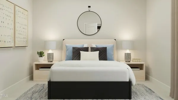 a bedroom with a bed a mirror and a potted plant