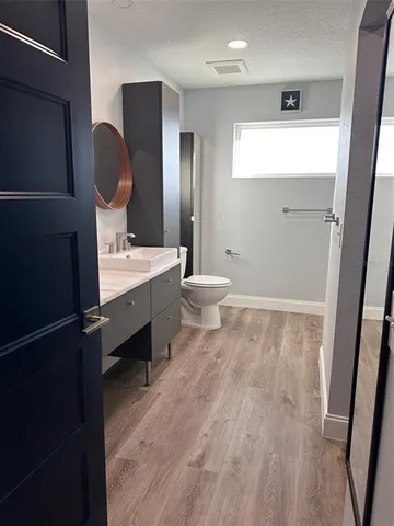 a bathroom with a toilet a sink and mirror