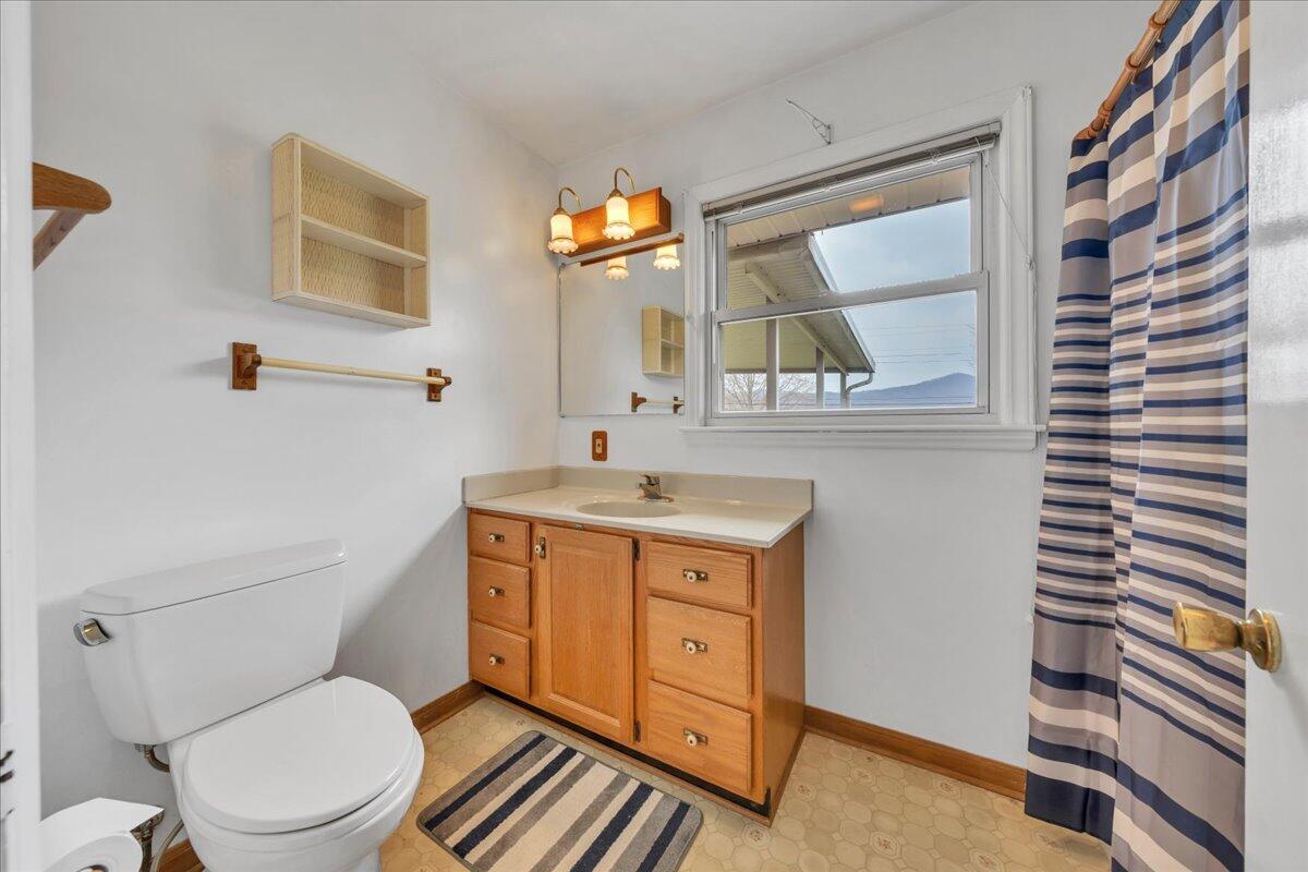 449 Cameron Drive Vinton, VA 24179 - Photo 22 of 39 a bathroom with a toilet a sink a mirror a window and vanity