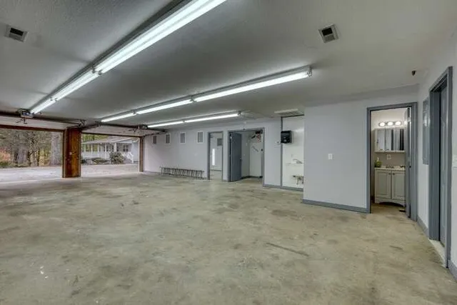 a view of a city with lush green forest