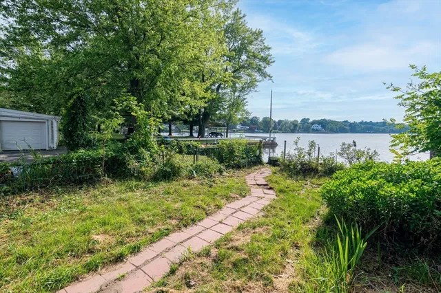 a view of a garden with a lake