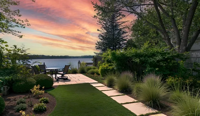 a backyard of a house with lots of green space and lake view