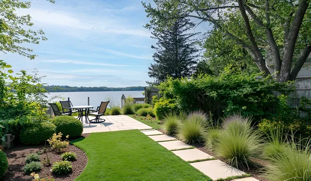 a view of a garden with plants and a lake view