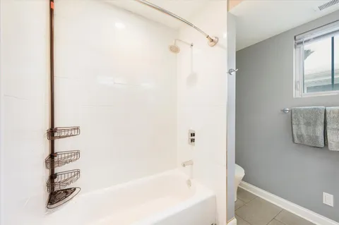 a living room with a couch and a potted plant