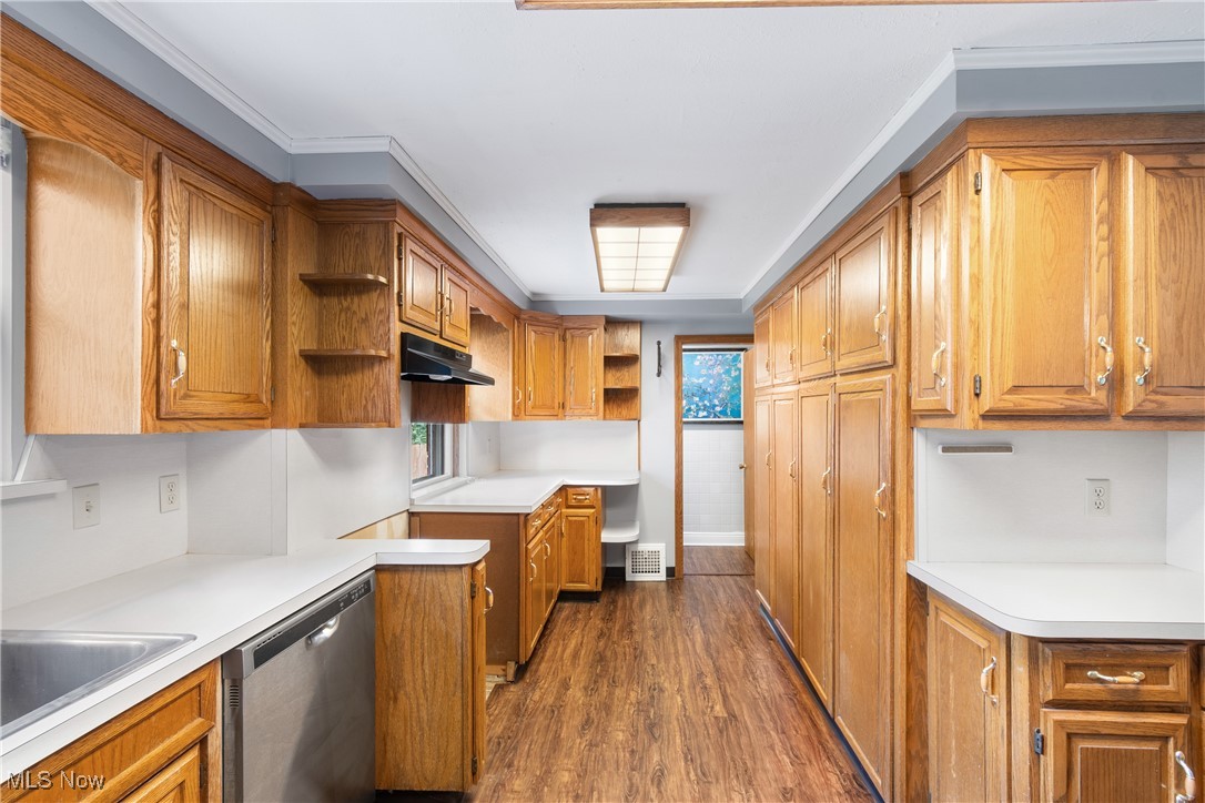 302 Poplar Avenue Northwest Canton, OH 44708 - Photo 14 of 34 Kitchen with open shelves, dishwasher, under cabinet range hood, and brown cabinetry