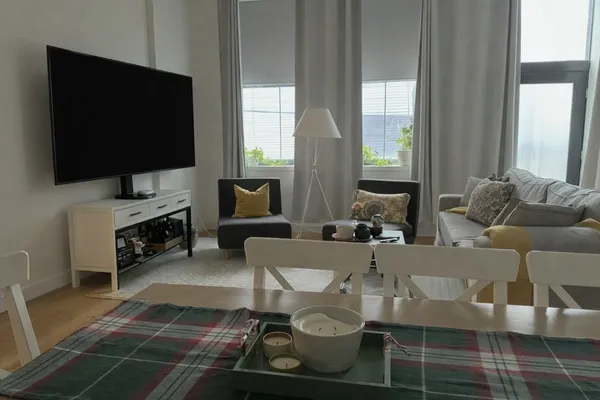 a living room with furniture a flat screen tv and a fireplace
