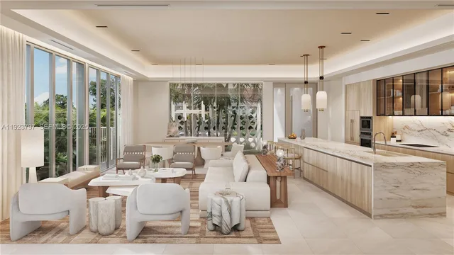 a living room with large windows and furniture