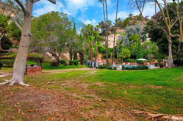 a view of yard with swimming pool and green space