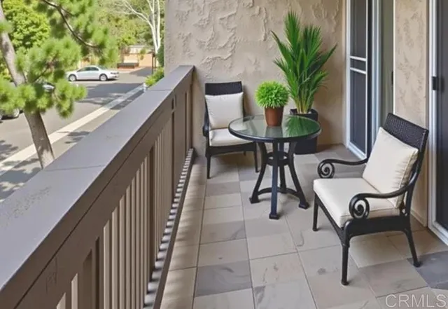 a outdoor dining space with furniture