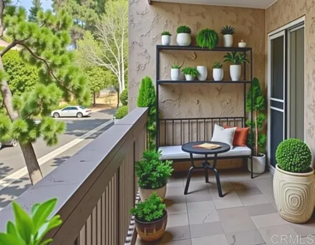 a view of a balcony with chairs potted plants and a bench