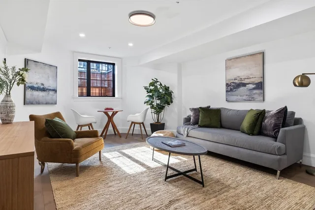 a living room with furniture and a potted plant