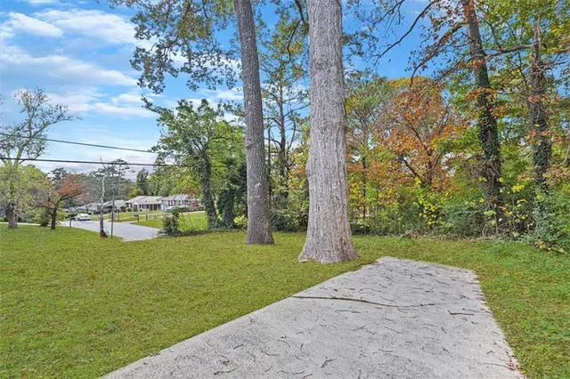 a view of a garden with swimming pool