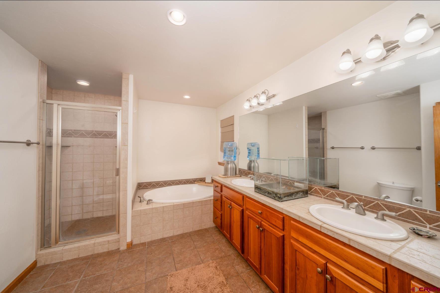 416 Amy Way Ridgway, CO 81432 - Photo 25 of 26 a bathroom with a granite countertop sink mirror and a bath tub