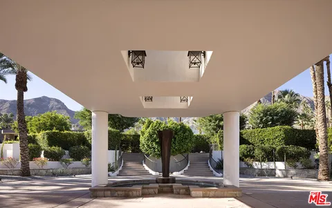 a view of a building from a porch