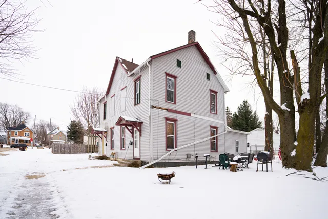 a row of palm trees in front of a house