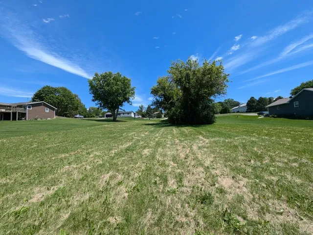 a view of a field of grass and trees