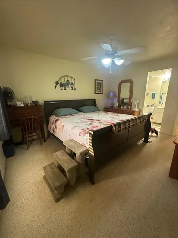 a spacious bedroom with a bed table flowerpot and window