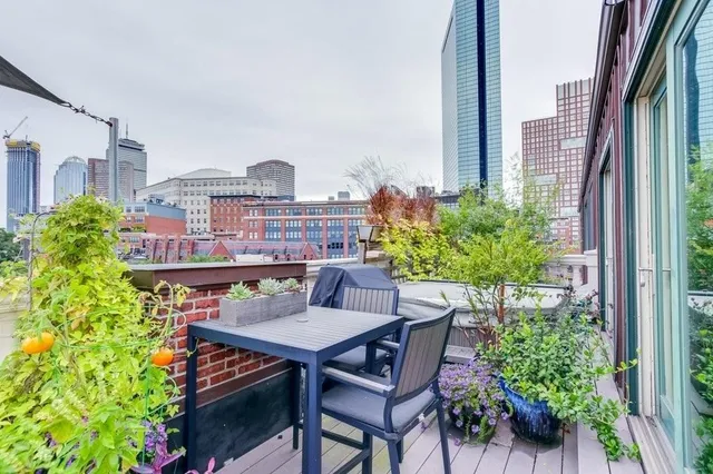 a view of a balcony with furniture and a potted plant