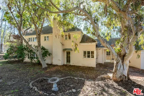 a view of a yard with plants and a bench