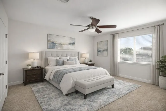 a bedroom with a large bed and a window