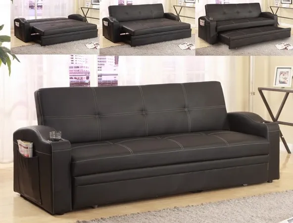 a black leather couch in living room with furniture