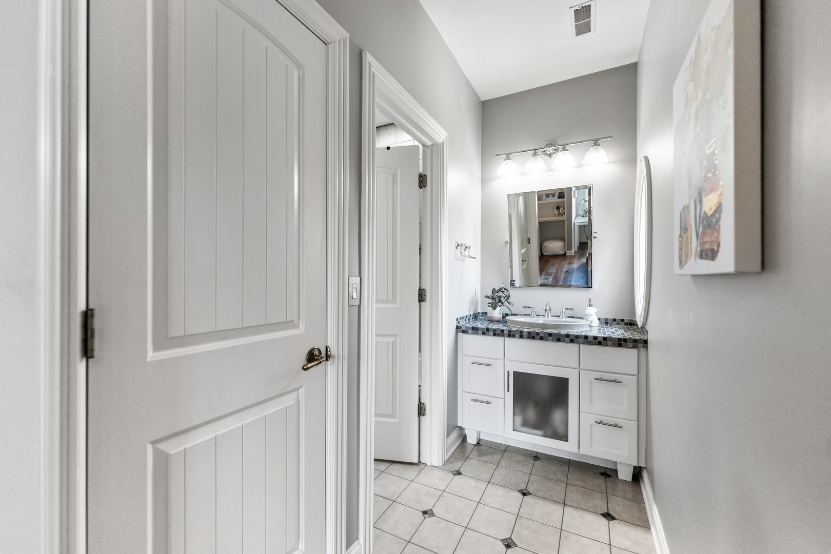 5N155 Prairie Rose Drive St. Charles, IL 60175 - Photo 71 of 148 a bathroom with a granite countertop sink a mirror and a shower