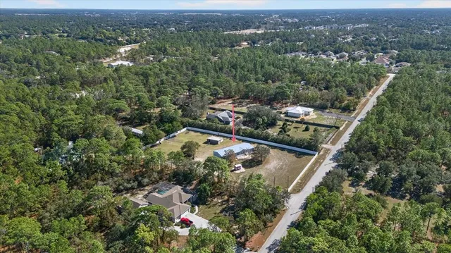 an aerial view of a forest with houses