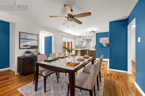 a view of a dining room with furniture