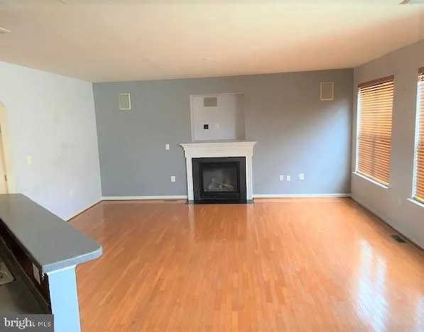 a view of empty room with wooden floor and fireplace