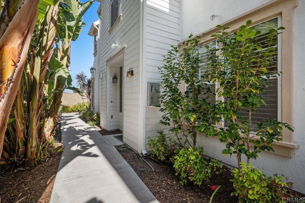 a view of a pathway that has a couple of flower plants