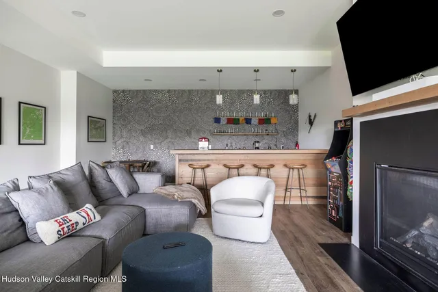 a view of a porch with wooden floor