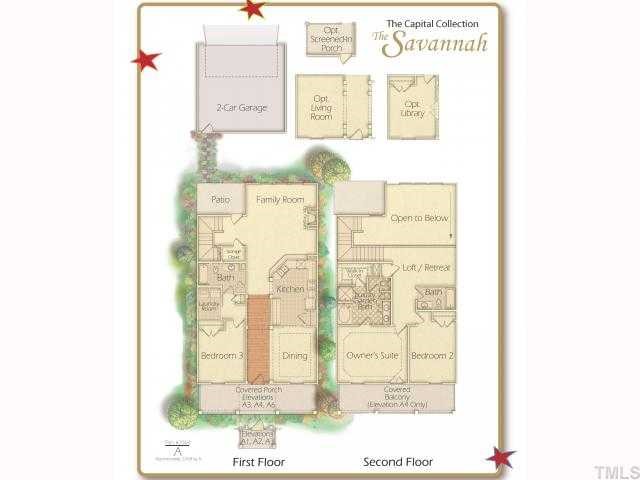 1341 Formal Garden Way Raleigh, NC 27603 - Photo 6 of 6 Savannah First and Second Floor Plan. Artist's rendering for illustrative purposes only, construction details may vary. PLEASE NOTE: the 2 car garage is ATTACHED on this home and the screened rear porch is larger than shown.