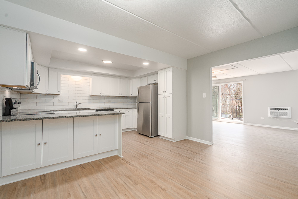 21 South Waiola Avenue, Unit 7 La Grange, IL 60525 - Photo 8 of 18 a large kitchen with stainless steel appliances granite countertop a large stove a refrigerator a sink a microwave and with wooden cabinets
