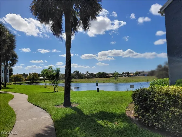 a view of a lake with a big yard and potted plants