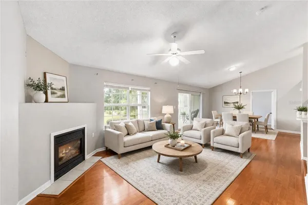 a living room with furniture a rug and a fireplace