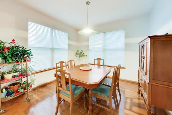 a dining room with furniture potted plants and wooden floor