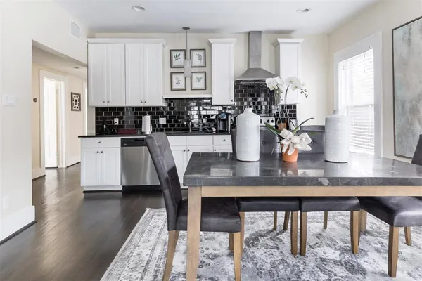 a view of a dining room with furniture and window