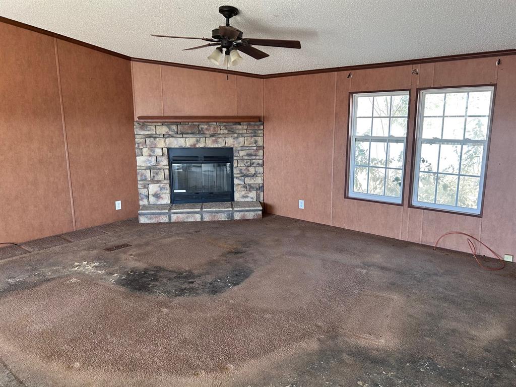 329 Canvas Back Drive Princeton, LA 71067 - Photo 9 of 20 Unfurnished living room with molding, carpet floors, ceiling fan, a fireplace, and a textured ceiling