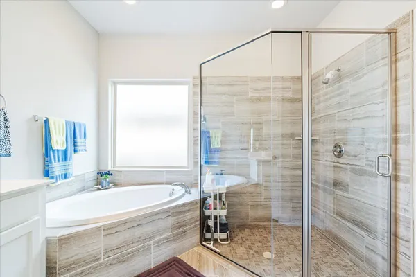 a bathroom with a bathtub and a shower