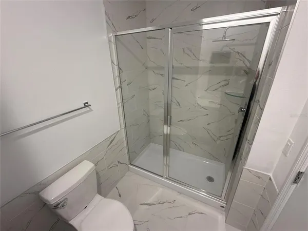 a bathroom with a shower and toilet