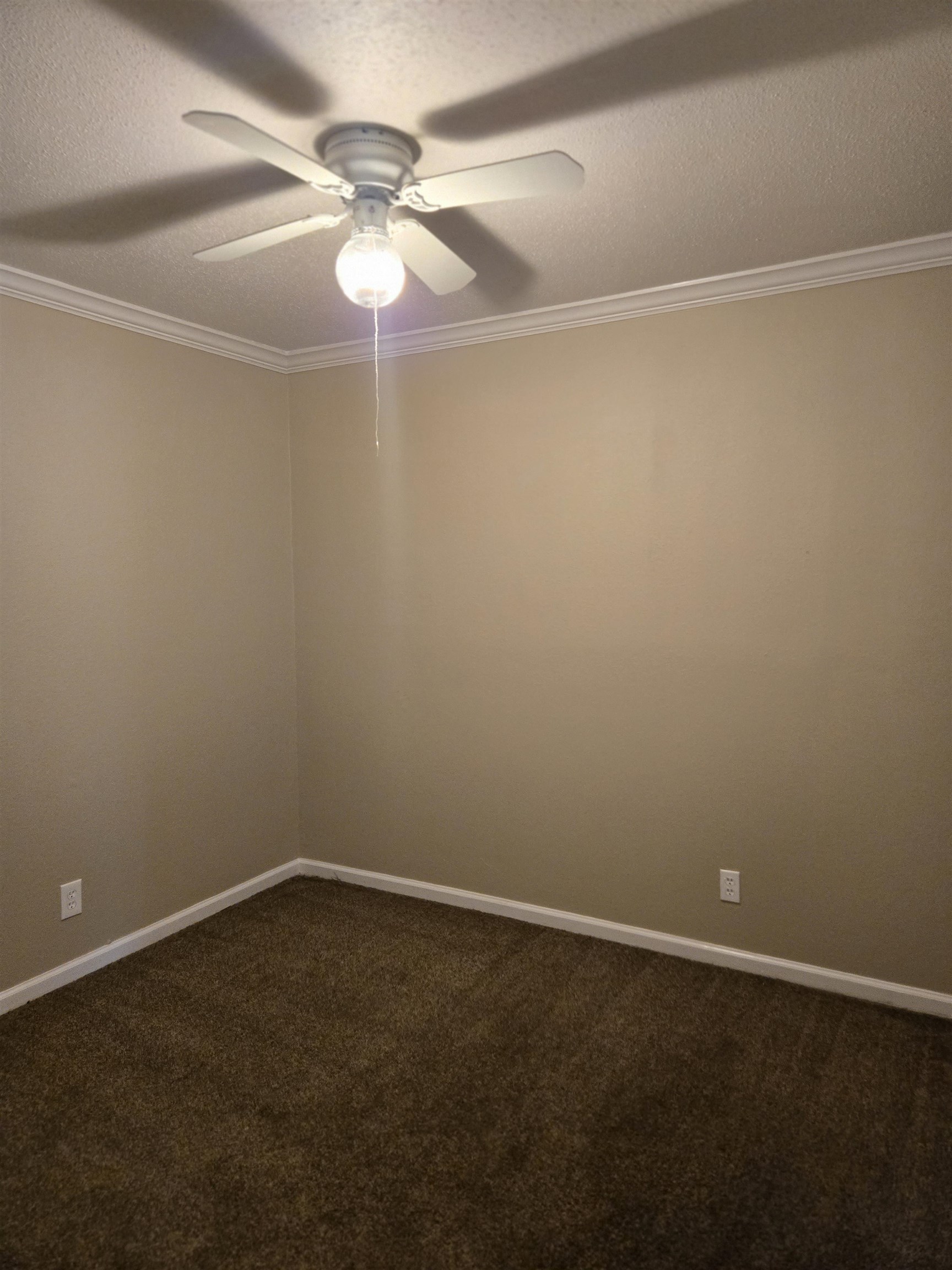 4207 Kenosha Road Memphis, TN 38118 - Photo 18 of 24 Empty room with a ceiling fan, dark colored carpet, ornamental molding, baseboards, and a textured ceiling