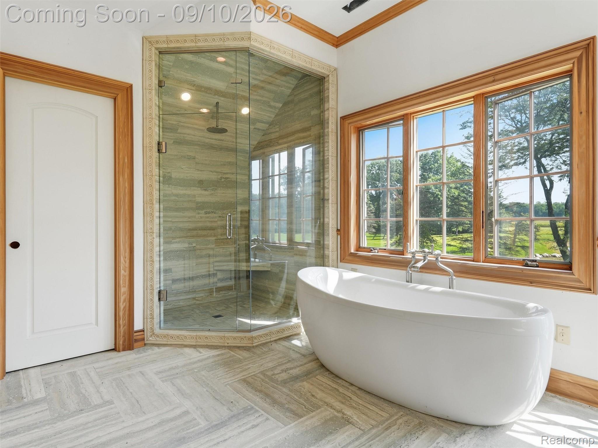 61400 Romeo Plank Road Ray, MI 48096 - Photo 59 of 99 Freestanding soaking tub, glass-enclosed shower with a built-in bench, wood-trimmed windows, and herringbone pattern floor tiling