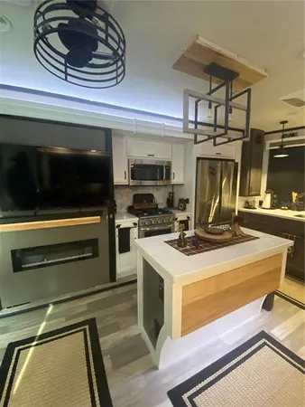 a living room with furniture and a table