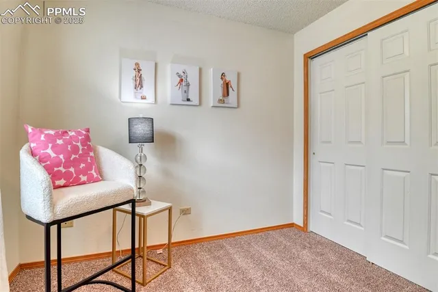 a view of a workspace with furniture and closet area