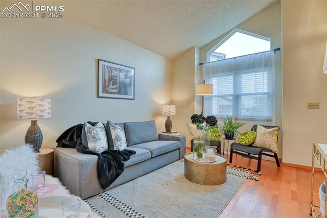 a living room with furniture and a potted plant